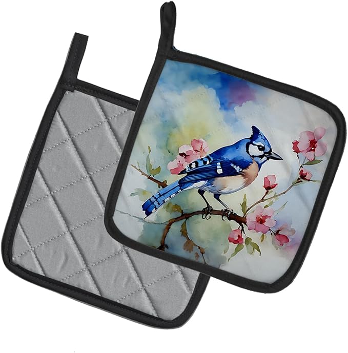 Caroline's Treasures Blue Jay Pair of Pot Holders Kitchen Heat Resistant Pot Holders Sets Oven Hot Pads for Cooking Baking BBQ, 7 1/2 x 7 1/2