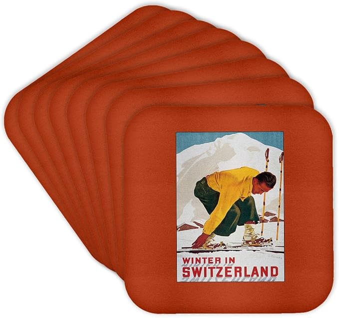 3dRose CST_170532_2 Winter in Switzerland Man Putting on His Skis Luggage Label Soft Coasters, Set of 8