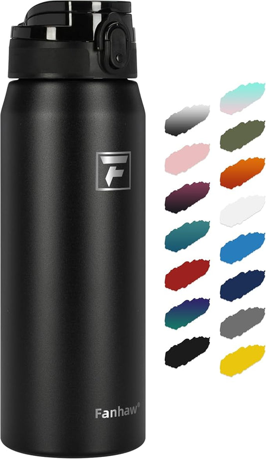 Fanhaw 24 oz Insulated Stainless Steel Water Bottle with Anti-Dust Chug Lid, Leakproof Vacuum Metal Bottle for Kids, Women & Men (Black)