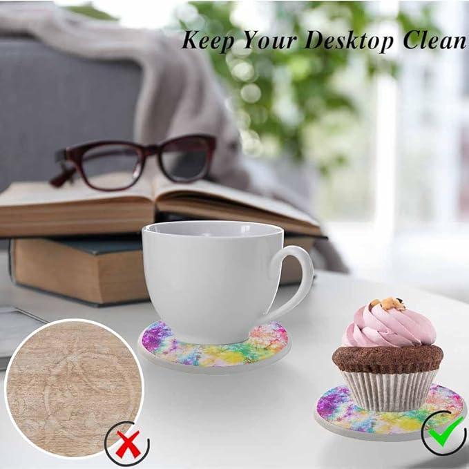 Tie Dye Coasters for Drinks Rainbow Splash Tie Dye Pattern Absorbent Ceramic Drink Coaster for Coffee Wooden Table Home Decor Set of 2