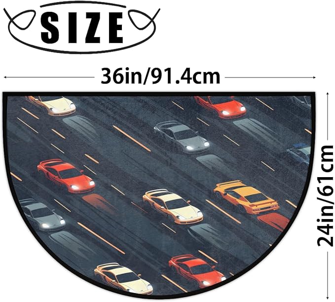 Blue Race Car Half-Round Door Mat | Indoor Entrance Half-Moon Rug | Low-Pile | Area Rug, Non-Slip, Absorbent Semi-Circle Welcome Mats for Kitchen, Patio, and Home Decor | 36x24 Inches