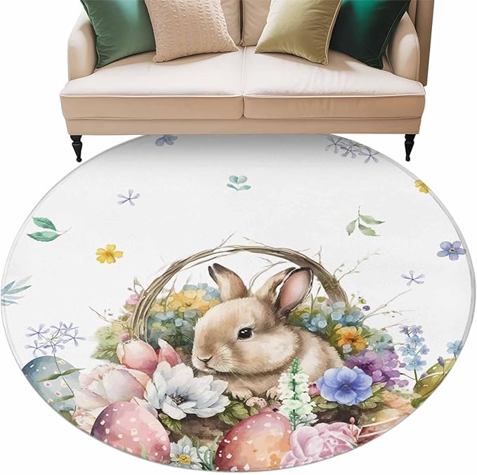 Washable Round Area Rug Easter Egg Spring Flower Cute Rabbit Circle Rugs Floor Carpet for Living Room Bedroom, Blossom Floral on White Soft Non Slip Round Rug 5ft