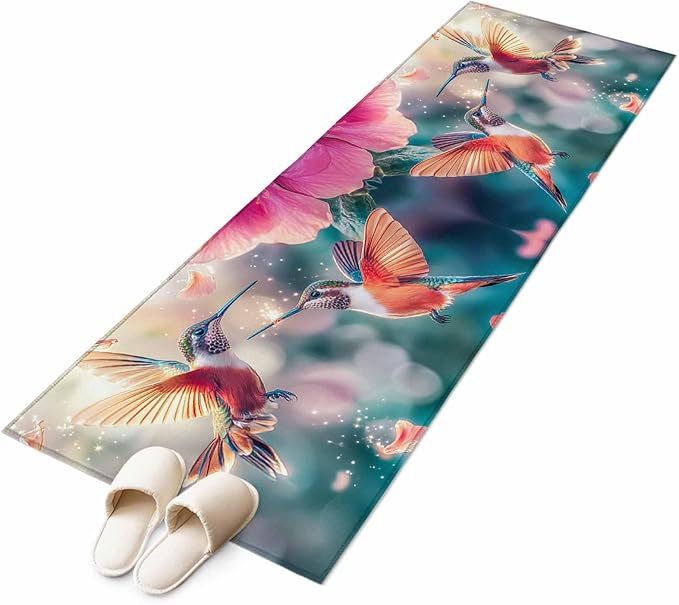 Runner Rug for Bedroom Hallway, Spring Hummingbird Pink Petals Flowers Kitchen Runner Rugs Area Rug 2x6ft, Dreamlike Animal Focus Scenery Washable Soft Floor Carpet for Entryway Stair