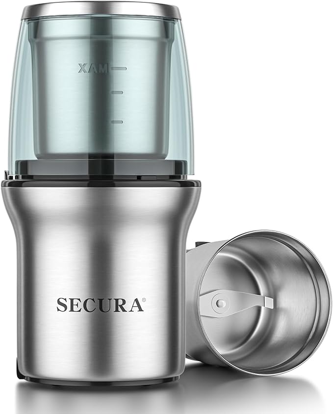 Secura Electric Coffee Grinder and Spice Grinder with Stainless Steel Blades, 1 Removable Bowl, Stainless