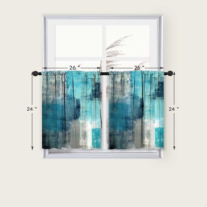 MCALK Turquoise Kitchen Curtains Tiers Set 2 Piece for Windows Grey Kitchen Window Curtains Set,Modern Abstract Art Valances for Living Room(24" Tiers Set)