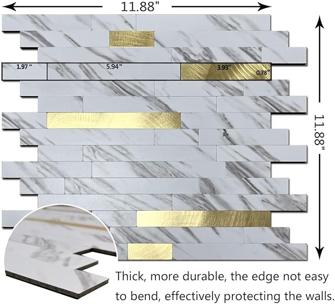 WEIMEISC 10 Sheets Peel and Stick Backsplash Tile for Kitchen, Self-Adhesive Mosaic Tile, Stick on Bathroom Vanities, Fireplace Decor, Laundry Table, White Marble + Gold-3, Metal Aluminum PVC Material