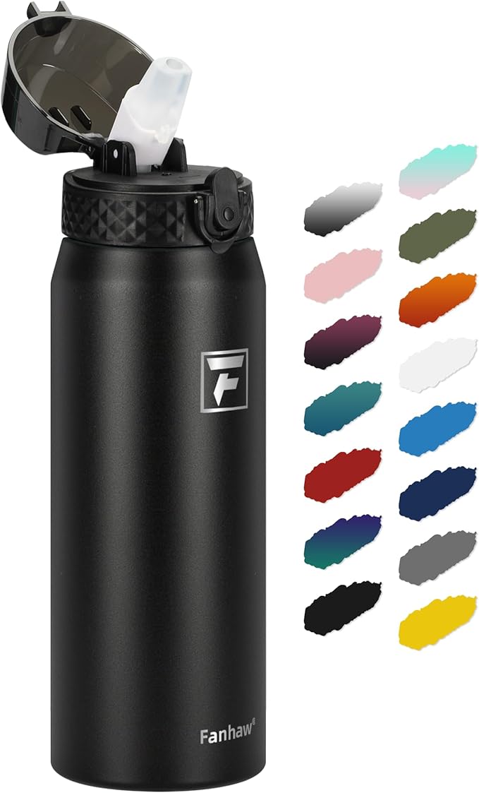 Fanhaw 24 oz Insulated Stainless Steel Water Bottle with Straw Lid, Leakproof & Anti-Dust Sports Bottle for Kids, Women & Men (Black)