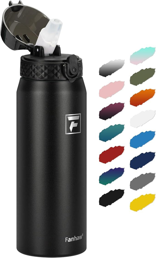 Fanhaw 24 oz Insulated Stainless Steel Water Bottle with Straw Lid, Leakproof & Anti-Dust Sports Bottle for Kids, Women & Men (Black)