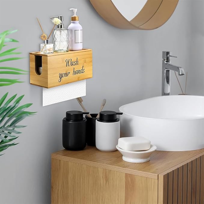Wood Paper Towel Dispenser Wall Mount, Paper Towel Holder Mounted with Lid for Home and Commercial, Countertop C-Fold, Z-Fold, Trifold Paper Hand Towel Dispenser for Bathroom and Kitchen