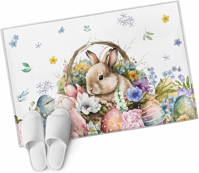 Area Rug 2x3ft, Easter Egg Spring Flower Cute Rabbit Washable Rugs for Living Room Bedroom, Blossom Floral on White Soft Non-Slip Area Rugs Rectangle Floor Carpet for Dining Room