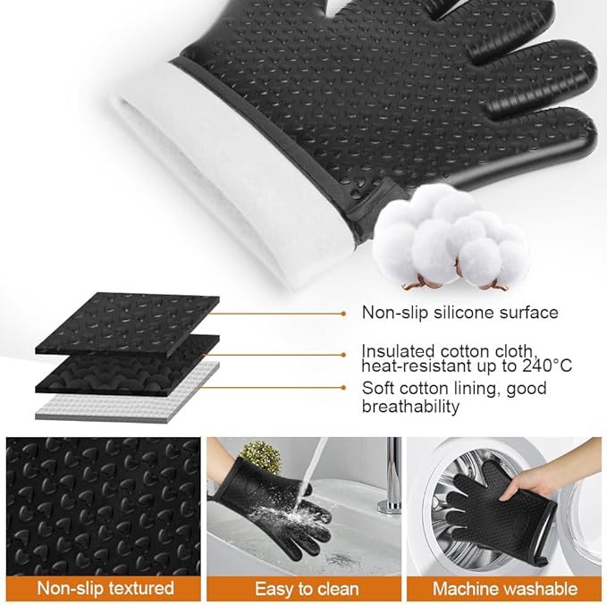 AUAUY Oven Mitts with 2 Pot Holders, Silicone Oven Gloves Heat Resistant 464°F, BBQ Gloves with Fingers, Non-Slip Oven Gloves, Cooking Gloves for Grilling Kitchen Baking Oven Microwave, Black