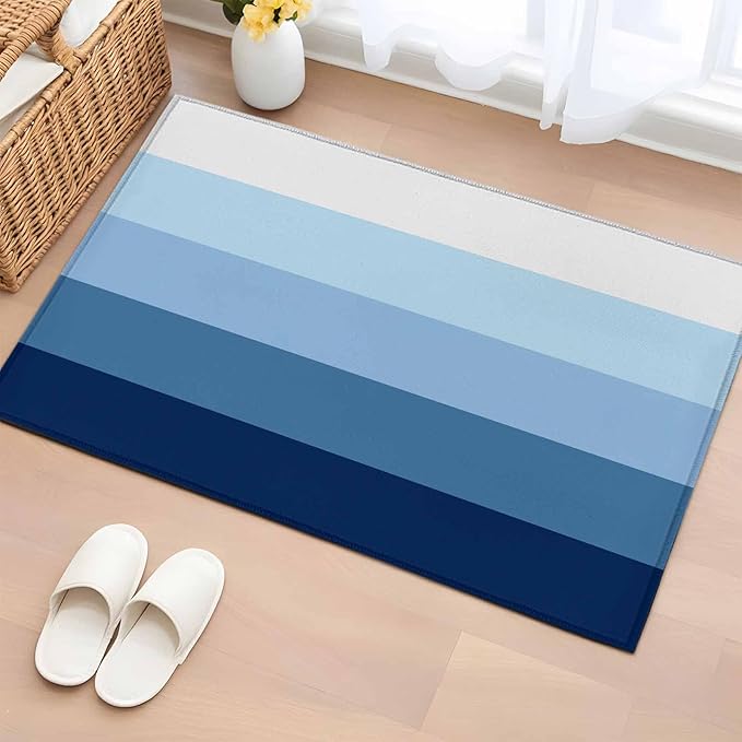 Area Rug 2x3ft, Minimalist Blue White Ombre Stripe Washable Rugs for Living Room Bedroom, Modern Gradient Art Soft Non-Slip Area Rugs Rectangle Floor Carpet for Dining Room