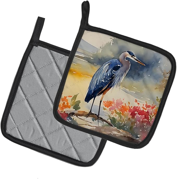 Caroline's Treasures Blue Heron Pair of Pot Holders Kitchen Heat Resistant Pot Holders Sets Oven Hot Pads for Cooking Baking BBQ, 7 1/2 x 7 1/2