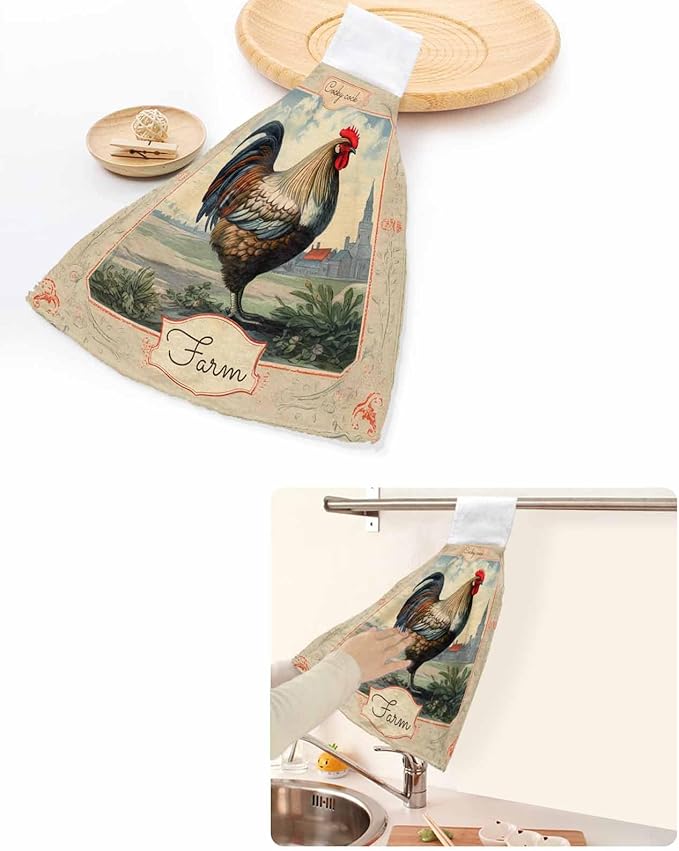 Alandar Home Kitchen Tie Towel Set of 1, Farmhouse Rustic Animal Rooster Absorbent Soft Hand Towels for Bathroom Hanging Towels, Vintage Flower Texture Fast Drying Cleaning Cloth with Loop