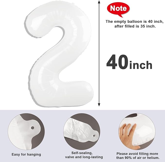 2 Numbers Balloon 40 Inch White Two Balloon Number Birthday Decor, 2nd 12 21st Party Celebration Decorations Graduations Wedding Baby Shower