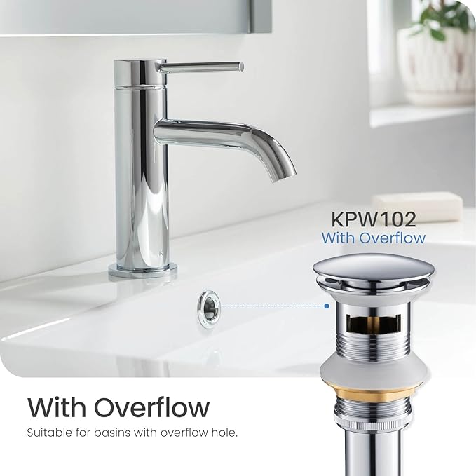 KIBI Sink Pop-Up Drain with Overflow – Full Cover Lavatory Drain Stopper, Chrome Finish, Leak-Proof Bathroom Sink Drain, Easy Install, Universal Fit, Durable Vanity Basin Accessory