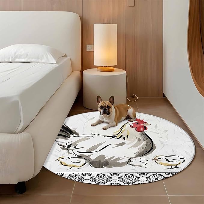 Washable Round Area Rug Country Farmhouse Rooster Circle Rugs Floor Carpet for Living Room Bedroom, Watercolor Animal Flower Pattern Soft Non Slip Round Rug 5ft