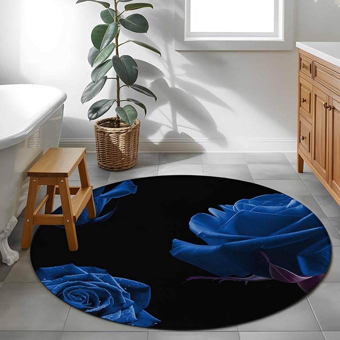 Washable Round Area Rug Abstract Garden Blue Rose Circle Rugs Floor Carpet for Living Room Bedroom, Classic Country Floral Soft Non Slip Round Rug 4ft