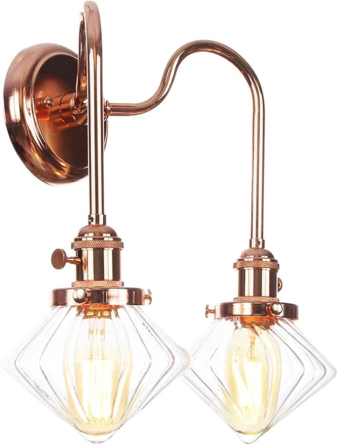 Wall Lamps with Switch, 2-Lights Rose Gold Bathroom Vanity Lights Wall Mounted Lighting Clear Glass Lampshade Wall Sconces(Color:C)