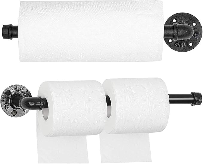 2 Pack Industrial Steel Pipe Kitchen Towel Holder. Bathroom Hand Towel Hanger. Wall Mounted Vintage Rustic Style Metal Rack