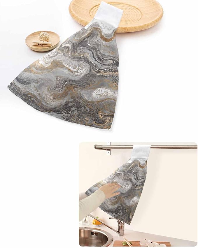 Alandar Home Kitchen Tie Towel Set of 2, Abstract Black Grey Marble Texture Absorbent Soft Hand Towels for Bathroom Hanging Towels, Modern Fluid Art Fast Drying Cleaning Cloth with Loop