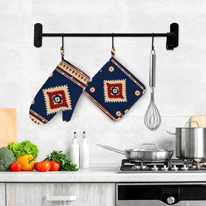 Mxocom Southwest Diamond Blue Red Heat-Resistant Oven Mitts and Pot Holder Indian Style on Blue and Red Background Kitchen Non-Slip Cooking Microwave Gloves for Cooking Baking Grilling