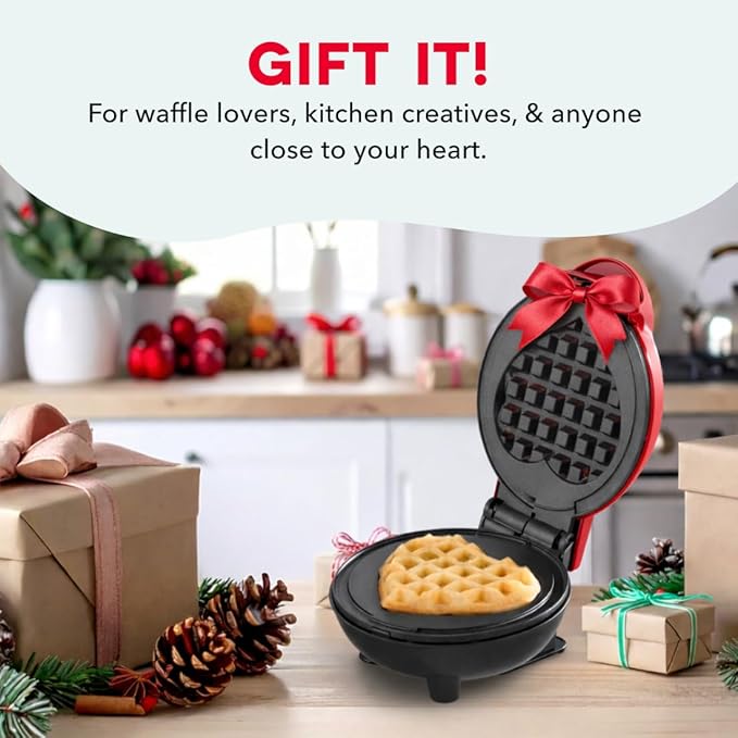 Dash Mini Waffle Maker- Mini Machine for Creative Homemade Treats - Nonstick Iron with Unique Print Design - Stylish Waffle Machine - Red Heart