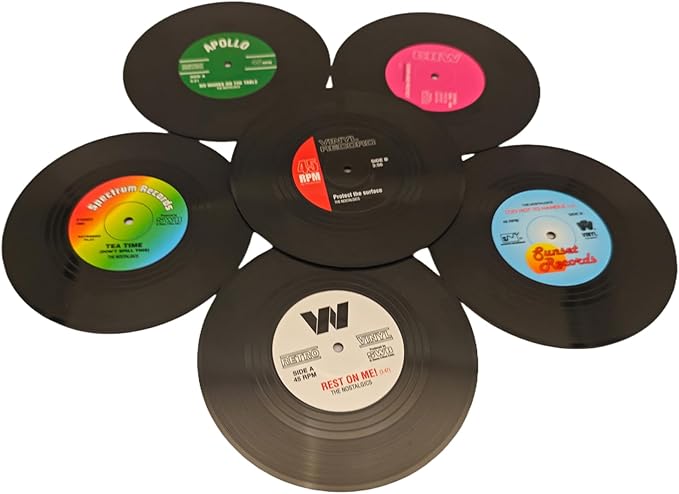 6-Coaster Set Retro Vinyl Coasters, Non-Slip & Heat-Resistant Cup Mats for Cold & Hot Drinks, Fits All Cup Types, Ideal Gift for Music Lovers & Retro Decor Fans (4.1 Inches)