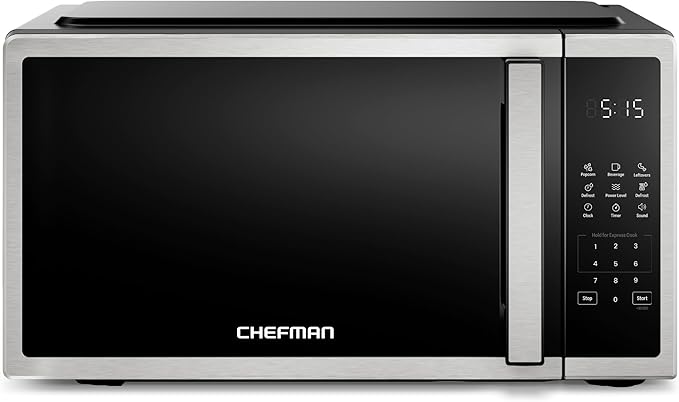 Chefman Compact Countertop Microwave Oven 0.7 Cu. Ft., 700W with 10 Power Levels, 3 Cooking Presets with One-Touch Express Cook, 2 Defrost Settings, Child Safety Lock, & Mute Button – Stainless Steel