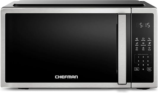 Chefman Compact Countertop Microwave Oven 0.7 Cu. Ft., 700W with 10 Power Levels, 3 Cooking Presets with One-Touch Express Cook, 2 Defrost Settings, Child Safety Lock, & Mute Button – Stainless Steel