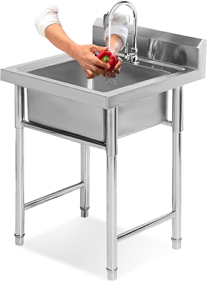 Portable Commercial Stainless Steel Sink, 90cm H Garden Sink Single Trough with Taps and Legs Kitchen Sink for Outdoor Indoor, Easy to Clean & Install