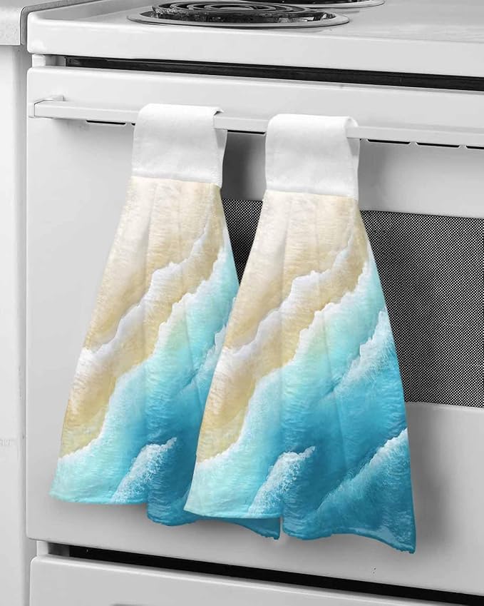 Alandar Home Kitchen Tie Towel Set of 1, Summer Blue Gradients Wave Absorbent Soft Hand Towels for Bathroom Hanging Towels, Sandy Beaches Fast Drying Cleaning Cloth with Loop