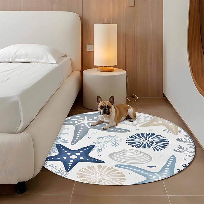 Washable Round Area Rug Ocean Starfish Shell Conch Circle Rugs Floor Carpet for Living Room Bedroom, Sea Blue Coral Seamless Soft Non Slip Round Rug 5ft
