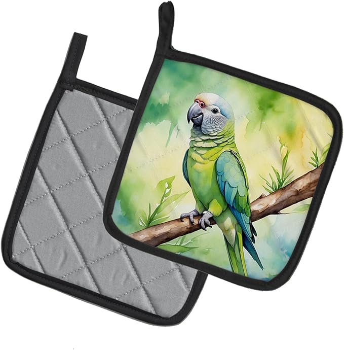 Caroline's Treasures Monk Parakeet Pair of Pot Holders Kitchen Heat Resistant Pot Holders Sets Oven Hot Pads for Cooking Baking BBQ, 7 1/2 x 7 1/2