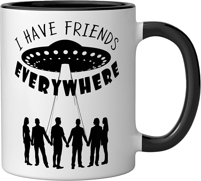I Have Friends Everywhere UFO Silhouette Graphic Ceramic Mug, Black/White