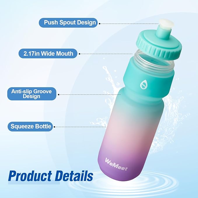 WEMEET Lightweight Bike Water Bottle 24oz, BPA Free, Cycling Squeeze Bottle, Leak Proof Sport Water Bottle with Capacity Scale, for Cycling, Gym (Black & Green Pink Purple, 2 Pack)