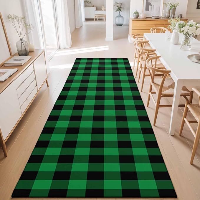 Runner Rug for Bedroom Hallway, St. Patrick's Day Lucky Green Black Plaid Kitchen Runner Rugs Area Rug 2x6ft, Buffalo Lattice Washable Soft Floor Carpet for Entryway Stair
