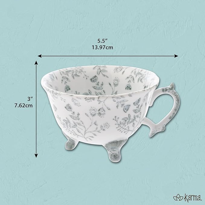 Karma, 8 oz Hand Painted Ceramic Tea Cup - Floral Cups for Tea and Coffee - Ceramic Coffee Mugs for Women and Men, Blue
