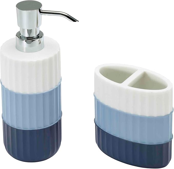 Izod - Bathroom Set, 2pc Countertop Accessories, Striped Resin Toothbrush Holder & Lotion Pump, Dorm Room Essentials (Clubhouse Collection, Blue)