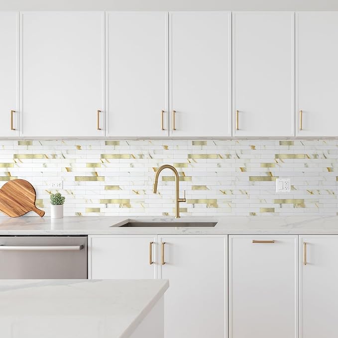 10 - Sheet Peel and Stick Backsplash Wall Tile, PVC Kitchen Backsplash, Stick on Tiles for Backsplash Kitchen (12'' X 12'', White with Gold)