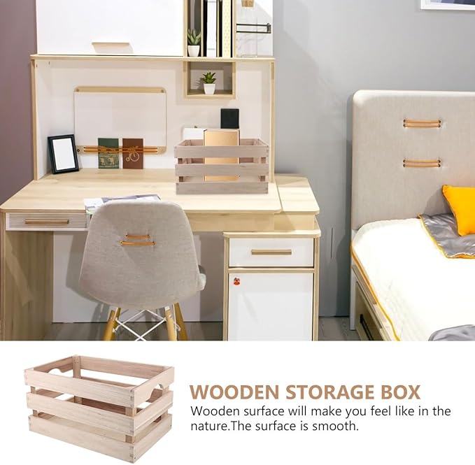Hemoton Wooden Storage Box 12X8X6.3 Inch Rectangular Wood Crate Basket Organizer with Handles for Home D Cor and Sundries Storage