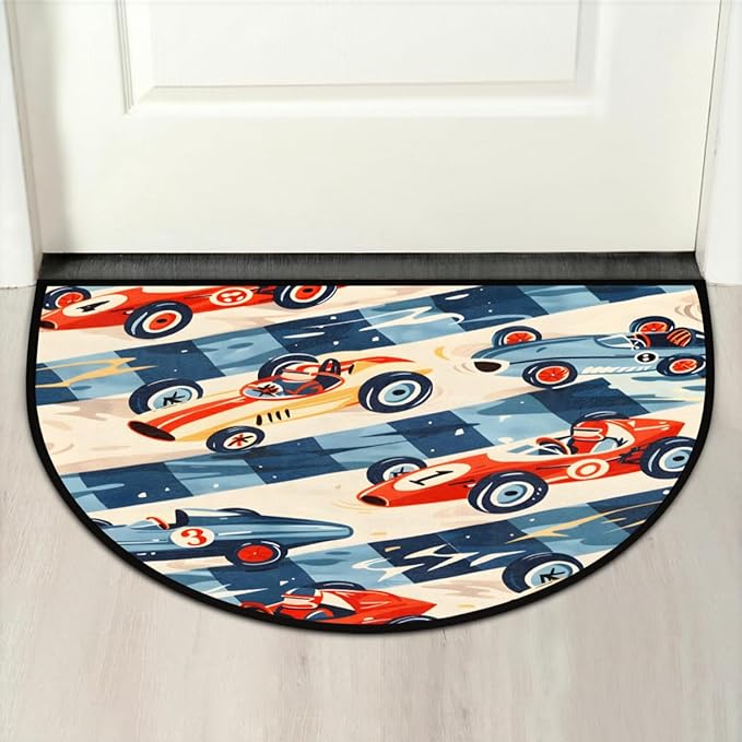 Race Car Racing Half-Round Door Mat | Indoor Entrance Half-Moon Rug | Low-Pile | Area Rug, Non-Slip, Absorbent Semi-Circle Welcome Mats for Kitchen, Patio, and Home Decor | 36x24 Inches