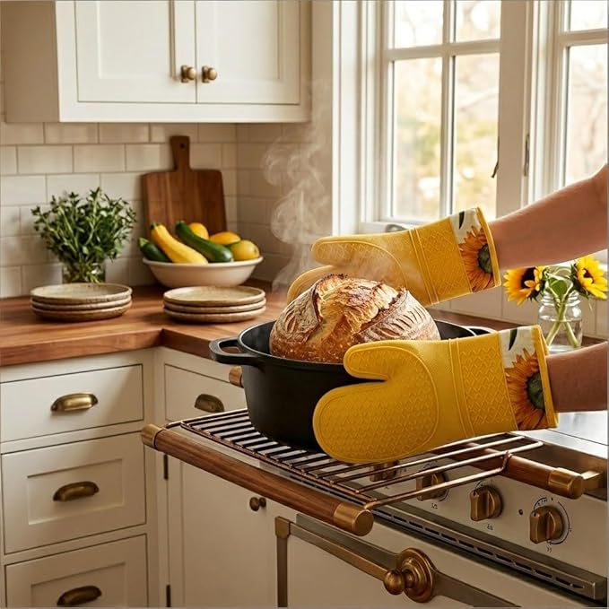 Pair of 2 Heat-Resistant Silicone Oven Mitts – Extra Long, Non-Slip Grip, Soft Cotton Lining, Perfect for Baking, Cooking & BBQ – 13” x 7” Kitchen Gloves (Sun Flower)