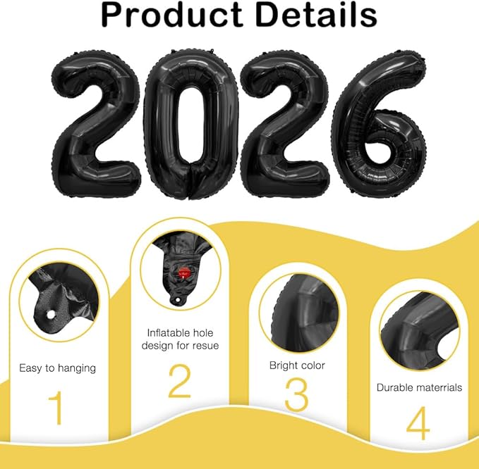 2026 Balloons, 2026 Number Balloons, 2026 Black Balloon, Foil Happy New Year Balloon for New Year Eve Party Supplies 2026 Graduation Decorations Anniversary Birthday Home Office Decorations, 16 Inch