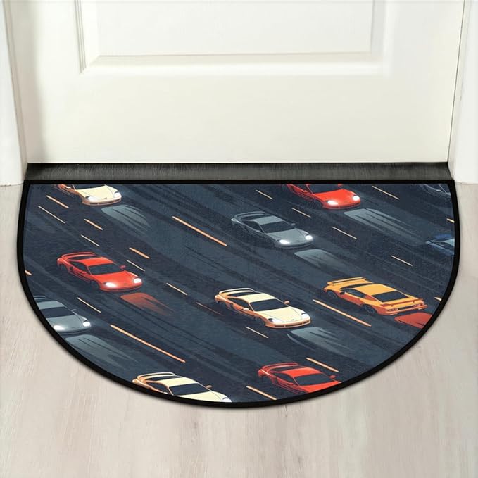 Blue Race Car Half-Round Door Mat | Indoor Entrance Half-Moon Rug | Low-Pile | Area Rug, Non-Slip, Absorbent Semi-Circle Welcome Mats for Kitchen, Patio, and Home Decor | 36x24 Inches