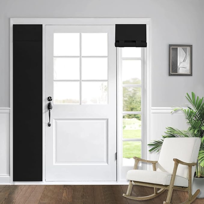 WdFour Solid Color Room Darkening Side Door Curtain - 12W x 80L Inches Black Window Covering for Glass Doors, 1 Panel with Tie-Up Shade, Light Filtering Sidelight Curtains for Entryway & Patio.