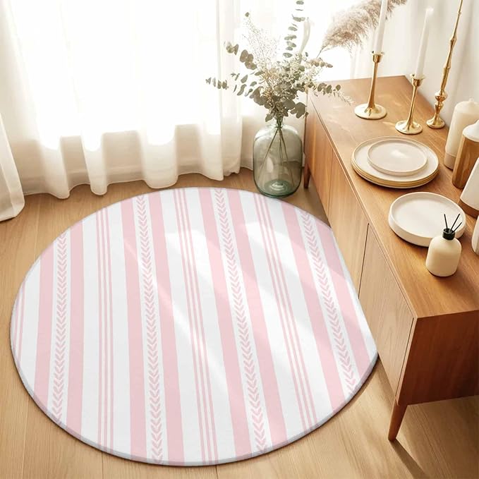 Washable Round Area Rug Abstract Leaf Geometric Line Circle Rugs Floor Carpet for Living Room Bedroom, Modern Pink Stripe Theme Soft Non Slip Round Rug 5ft