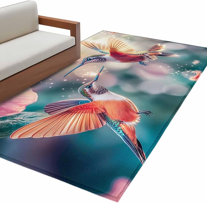 Area Rug 4x6ft, Spring Hummingbird Pink Petals Flowers Washable Rugs for Living Room Bedroom, Dreamlike Animal Focus Scenery Soft Non-Slip Area Rugs Rectangle Floor Carpet for Dining Room