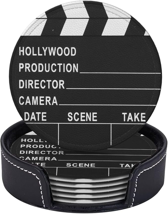 Movie Cinema Lapper Board Leather Drinks Coasters with Holder, Set of 6, Suitable for Various Cups