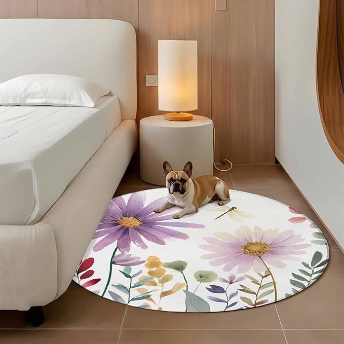 Washable Round Area Rug Country Field Purple Flowers Circle Rugs Floor Carpet for Living Room Bedroom, Farm Floral Art Soft Non Slip Round Rug 4ft